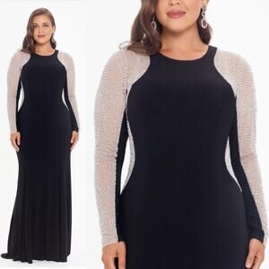 Xscape Georgia Caviar Beaded Sleeve Jersey Maxi Long Bodycon Knit Dress Plus 20W